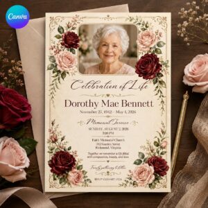 Celebration of Life Invitation, Floral Memorial Service Photo Invite for Woman, Burgundy Rose Funeral Editable Canva Template