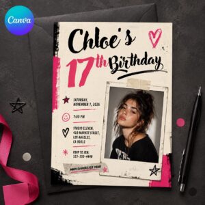 17th Birthday Photo Invitation, Pink Black Grunge Teen Party Invite for Girl, Edgy Scrapbook Editable Canva Template
