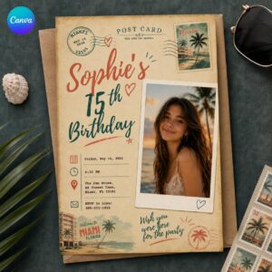 15th Birthday Photo Invitation, Vintage Miami Postcard Teen Party Invite for Girl, Travel Beach Editable Canva Template