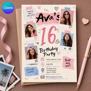 Sweet 16 Photo Invitation, Pink Scrapbook Collage Teen Birthday Party Invite for Girl, Editable Printable Canva Template