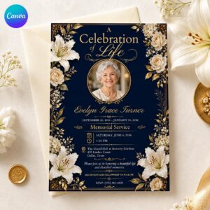 Celebration of Life Invitation, Navy Gold Lily Memorial Service Invite with Photo, Elegant Funeral Canva Template