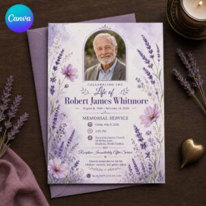Memorial Service Invitation, Lavender Floral Celebration of Life Invite with Photo, Editable Funeral Canva Template