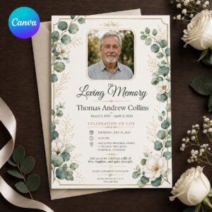 Celebration of Life Invitation, Eucalyptus Memorial Photo Funeral Service Editable Printable Canva Template