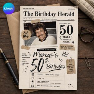 50th Birthday Newspaper Invitation, Vintage 1976 Photo Party Invite for Him, Retro Milestone Editable Canva Template