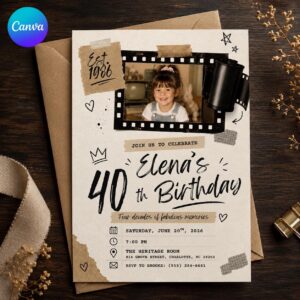 40th Birthday Photo Invitation, Retro Film Strip Scrapbook Party Invite for Her, Vintage 1986 Milestone Editable Canva Template
