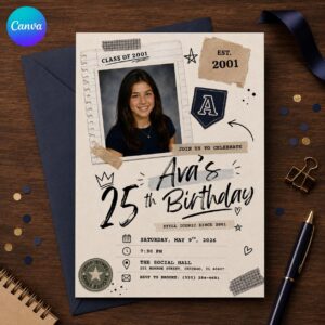 25th Birthday Photo Invitation, Class of 2001 Scrapbook Party Invite, Vintage Yearbook Milestone Editable Canva Template