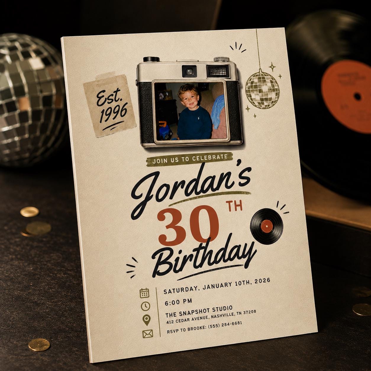 30th Birthday Photo Invitation, Retro 1996 Camera Birthday Invite for Him, Vintage Milestone Party Editable Canva Template - Image 4