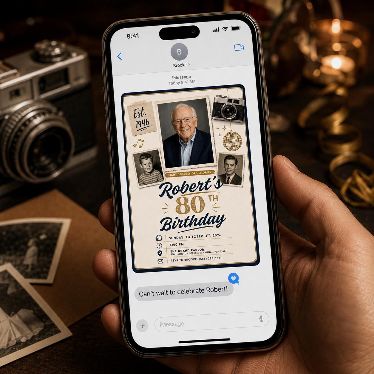 80th Birthday Invitation with Photos, Vintage Milestone Birthday Invite for Him, Retro Memory Collage Editable Canva Template - Image 6