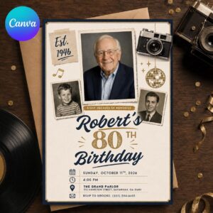 80th Birthday Invitation with Photos, Vintage Milestone Birthday Invite for Him, Retro Memory Collage Editable Canva Template