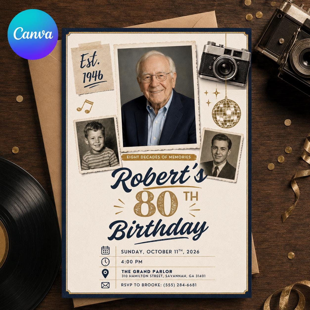 80th Birthday Invitation with Photos, Vintage Milestone Birthday Invite for Him, Retro Memory Collage Editable Canva Template