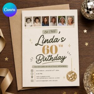 60th Birthday Photo Invitation, Then and Now Timeline Invite for Her, Vintage Milestone Party Editable Canva Template