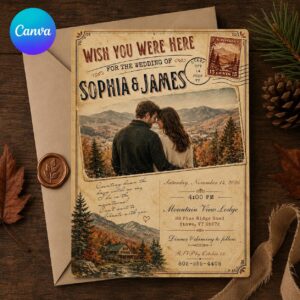 Mountain Wedding Invitation, Vintage Postcard Photo Invite, Rustic Fall Destination Wedding, Editable Canva Template