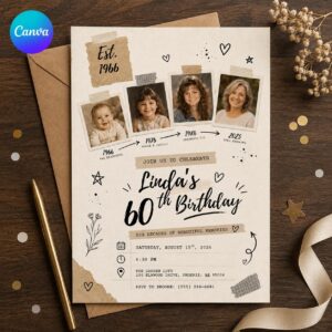 60th Birthday Invitation with Photos, Milestone Birthday Timeline Invite for Her, Vintage Scrapbook Editable Canva Template