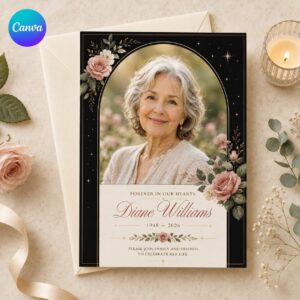 Celebration of Life Invitation, Elegant Photo Memorial Announcement, Black Blush Floral Funeral Invite, Editable Canva Template