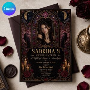 Gothic Sweet 16 Invitation, Spooky Halloween Birthday Photo Invite, Dark Romantic Stained Glass Party, Editable Canva Template