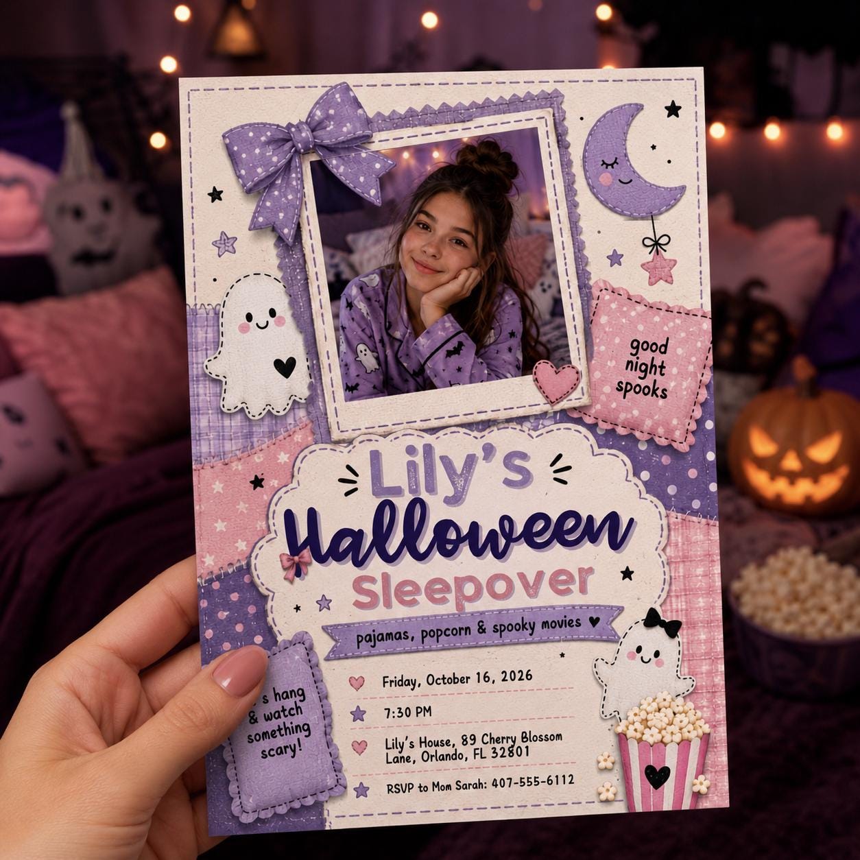 Halloween Pajama Party Invitation, Girls Spooky Sleepover Photo Invite, Cute Ghost Slumber Birthday, Editable Canva Template - Image 4