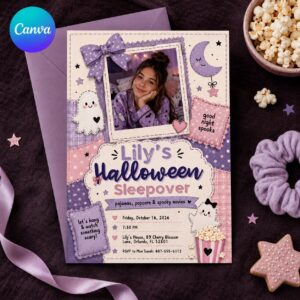 Halloween Pajama Party Invitation, Girls Spooky Sleepover Photo Invite, Cute Ghost Slumber Birthday, Editable Canva Template
