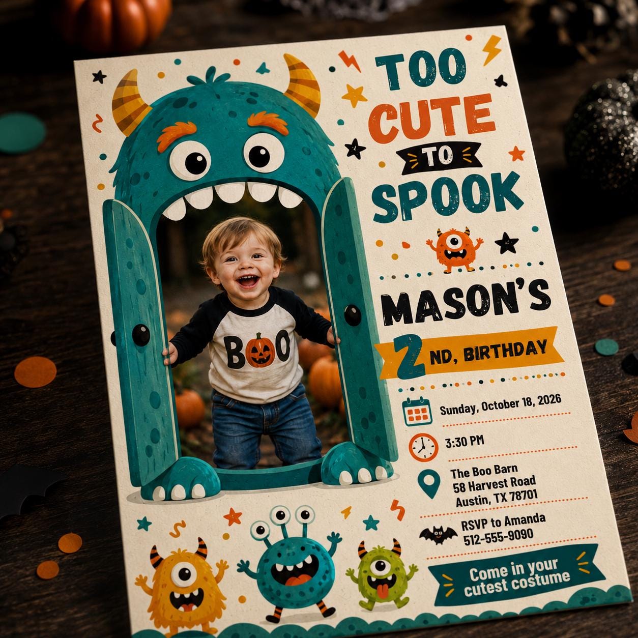 Halloween Birthday Invitation, Too Cute to Spook Monster 2nd Birthday Photo Invite, Kids Costume Party Editable Canva Template - Image 3