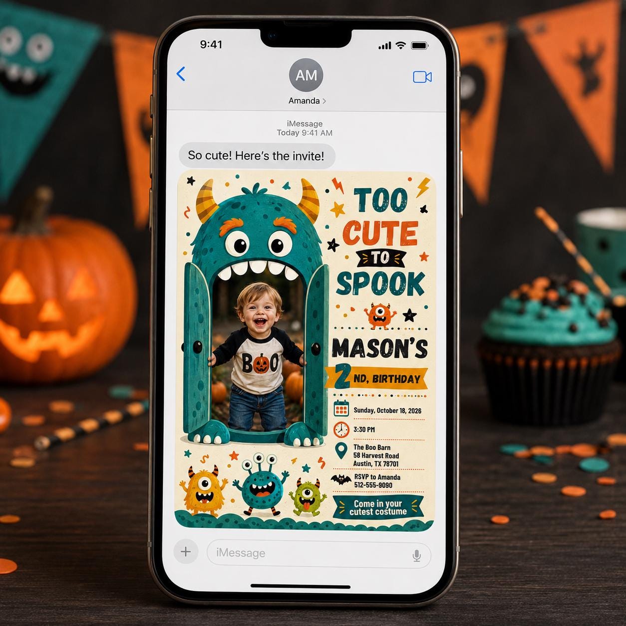 Halloween Birthday Invitation, Too Cute to Spook Monster 2nd Birthday Photo Invite, Kids Costume Party Editable Canva Template - Image 6
