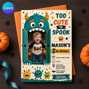 Halloween Birthday Invitation, Too Cute to Spook Monster 2nd Birthday Photo Invite, Kids Costume Party Editable Canva Template