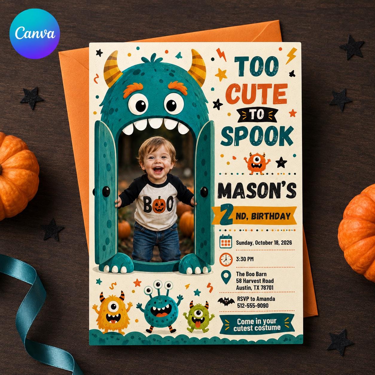 Halloween Birthday Invitation, Too Cute to Spook Monster 2nd Birthday Photo Invite, Kids Costume Party Editable Canva Template