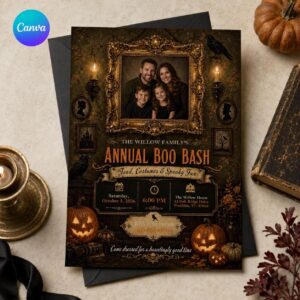 Halloween Party Invitation, Family Photo Boo Bash Invite, Vintage Gothic Costume Party, Editable Printable Canva Template