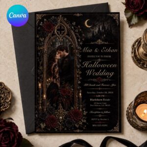 Gothic Halloween Wedding Invitation, Black Burgundy Photo Wedding Invite, Dark Romantic Halloween Editable Canva Template