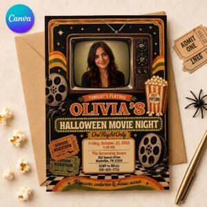 Halloween Movie Night Invitation, Retro Horror Movie Party Invite with Photo, Vintage Cinema Halloween Editable Canva Template