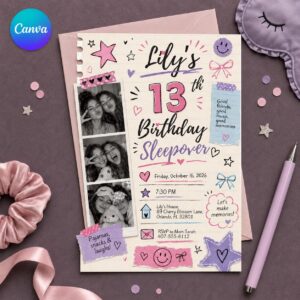 13th Birthday Sleepover Invitation, Teen Girl Photo Slumber Party Invite, Scrapbook Pajama Party Editable Canva Template