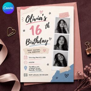 Sweet 16 Birthday Invitation, Pink Photo Booth Scrapbook Invite for Girl, Polaroid Teen Party Editable Canva Template