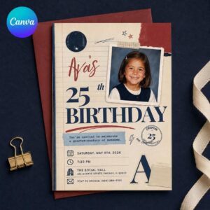 25th Birthday Photo Invitation, Vintage School Scrapbook Invite, Quarter Century Party Editable Canva Template