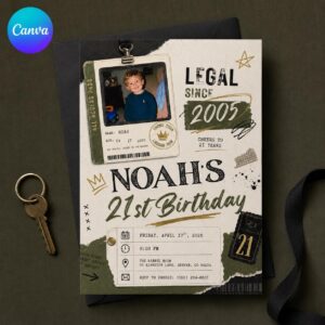 21st Birthday Photo Invitation, Vintage VIP Pass Party Invite, Retro Scrapbook Milestone Editable Canva Template