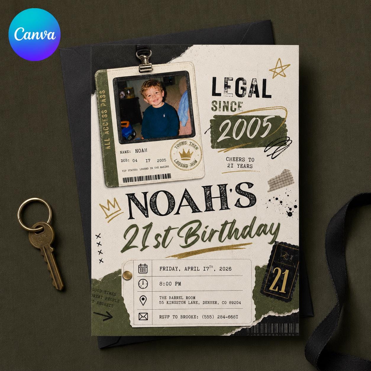 21st Birthday Photo Invitation, Vintage VIP Pass Party Invite, Retro Scrapbook Milestone Editable Canva Template