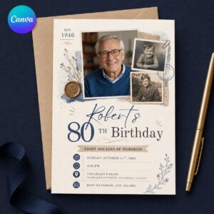 80th Birthday Photo Invitation, Vintage Memory Collage Invite, Eight Decades Milestone Party Editable Canva Template