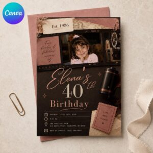 40th Birthday Photo Invitation, Vintage Film Camera Party Invite, Retro 1986 Milestone Birthday Editable Canva Template