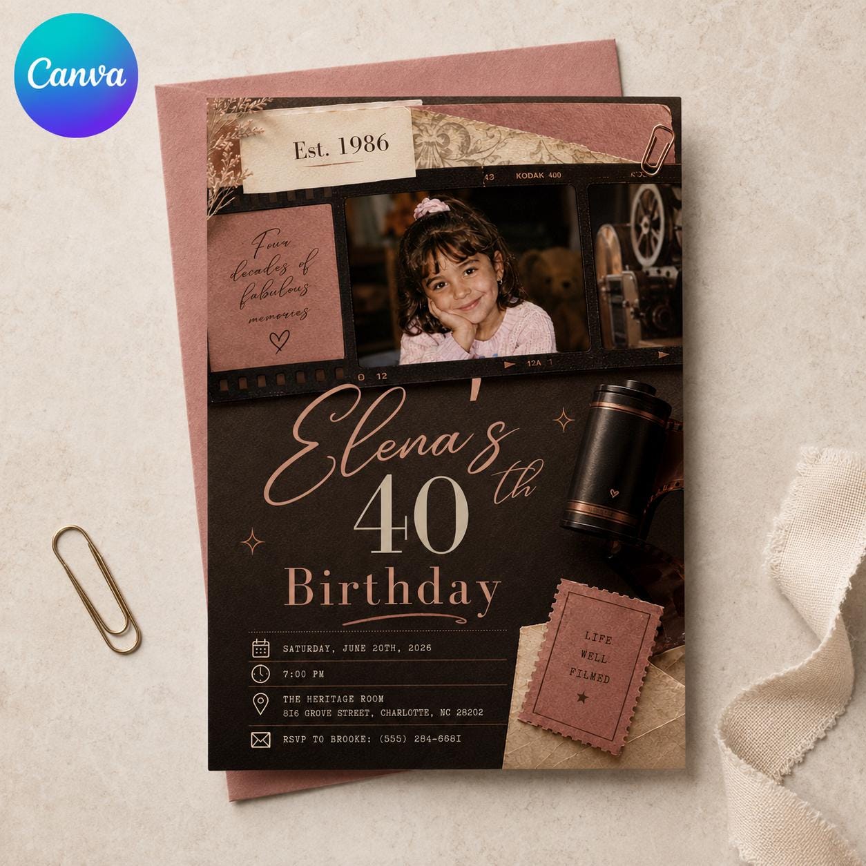 40th Birthday Photo Invitation, Vintage Film Camera Party Invite, Retro 1986 Milestone Birthday Editable Canva Template