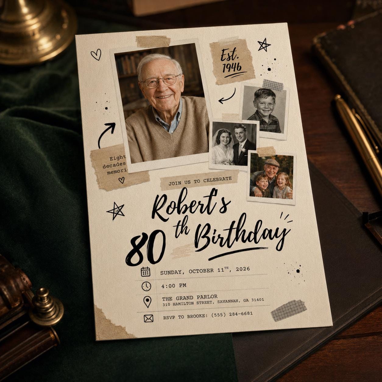 80th Birthday Photo Invitation, Vintage Scrapbook Collage Invite for Him, Born in 1946 Milestone Editable Canva Template - Image 3