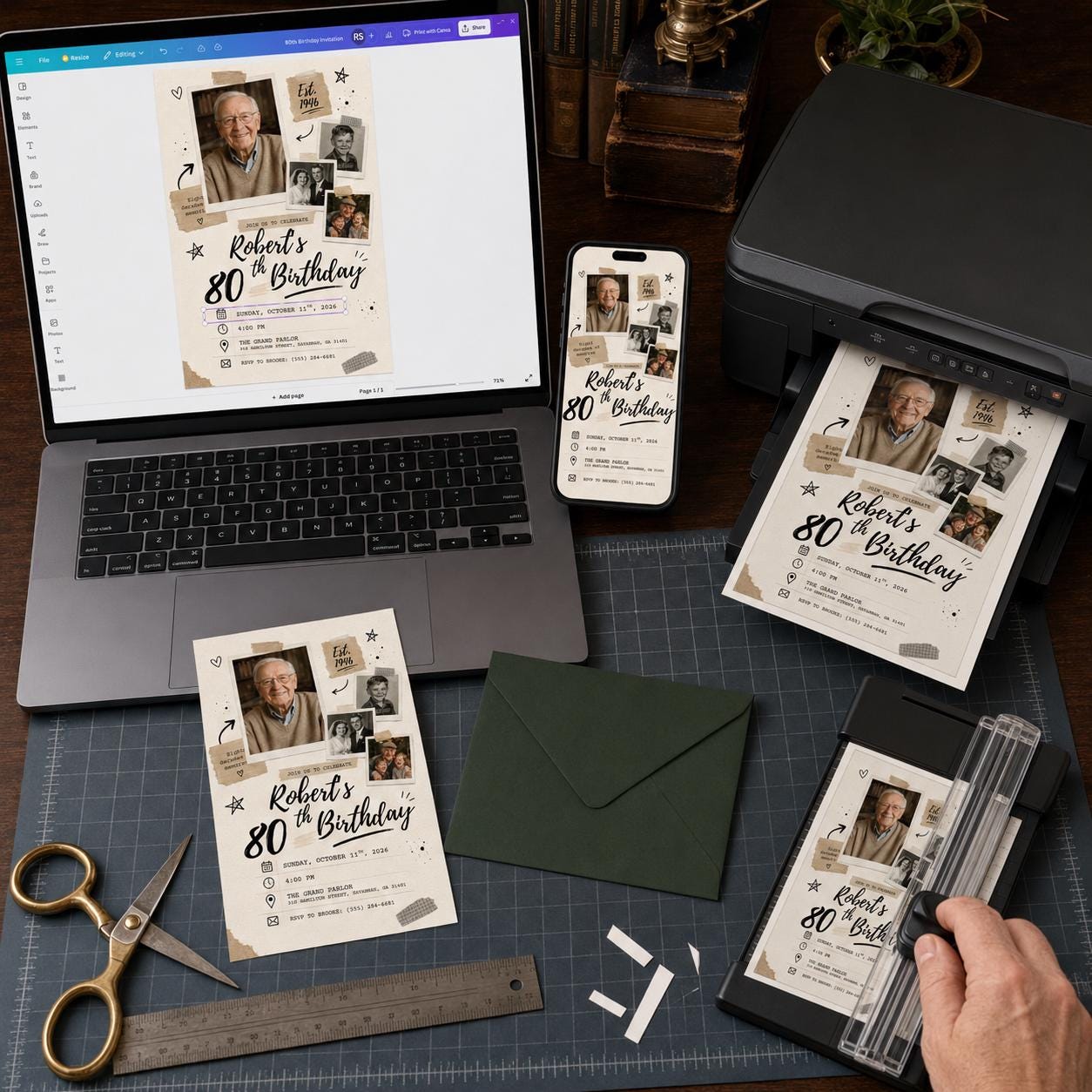 80th Birthday Photo Invitation, Vintage Scrapbook Collage Invite for Him, Born in 1946 Milestone Editable Canva Template - Image 4
