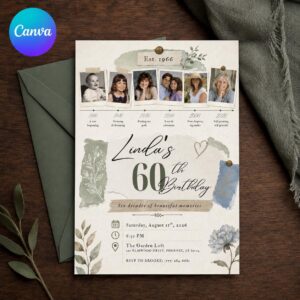 60th Birthday Photo Invitation, Vintage Timeline Collage Invite for Her, Born in 1966 Milestone Editable Canva Template