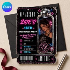 18th Birthday Halloween Invitation, Neon VIP Ticket Party Invite for Her, Gothic Disco Photo Editable Canva Template