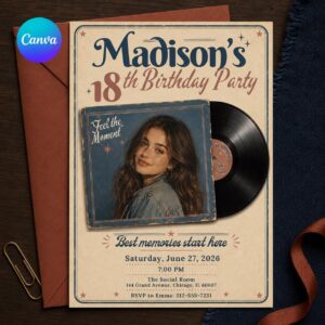 18th Birthday Invitation, Retro Vinyl Record Photo Invite, Vintage Music Party for Her Editable Canva Template