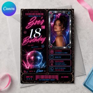18th Birthday Invitation, Neon VIP Ticket Party Invite, Pink Blue Disco Photo Birthday Editable Canva Template