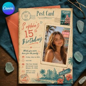 15th Birthday Photo Invitation, Miami Postcard Beach Party Invite for Teen Girl, Vintage Travel Canva Template