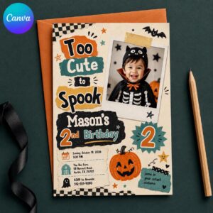 Halloween 2nd Birthday Invitation, Too Cute to Spook Boy Photo Invite, Retro Pumpkin Costume Party, Editable Canva Template