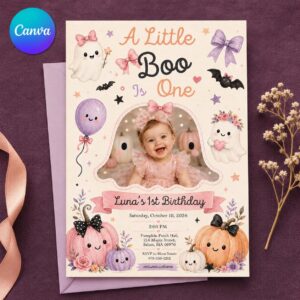 Halloween First Birthday Invitation, Little Boo Girl Photo Invite, Pastel Ghost Pumpkin Party, Editable Printable Canva Template