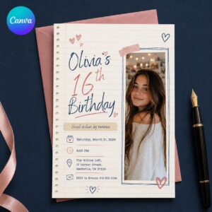 Sweet 16 Birthday Invitation, Photo Scrapbook Teen Girl Invite, Notebook Paper Aesthetic, Editable Printable Canva Template
