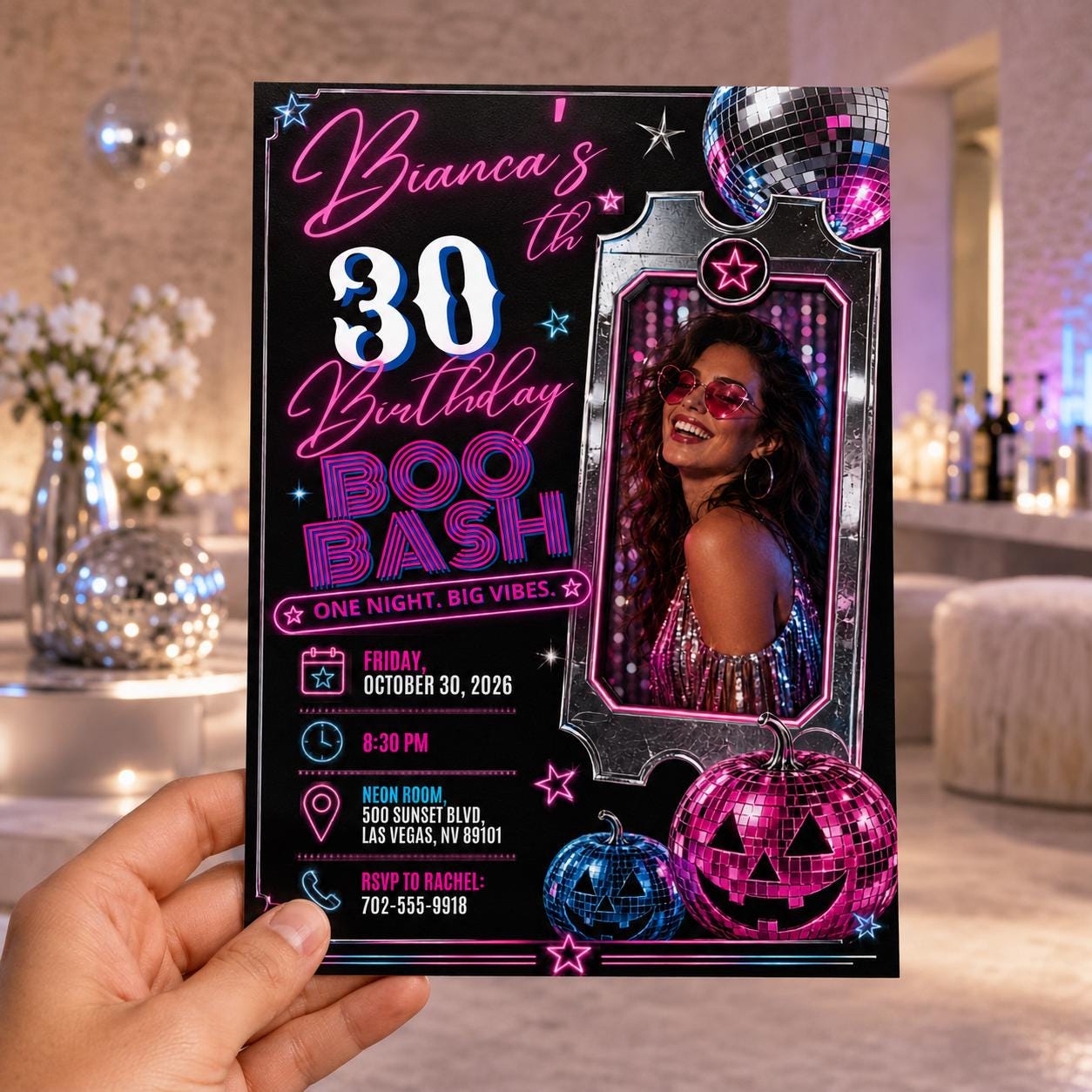 30th Birthday Invitation, Neon Halloween Boo Bash Photo Invite, Disco Ball Costume Party, Editable Printable Canva Template - Image 5
