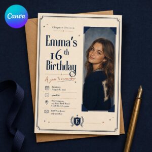 Sweet 16 Photo Invitation, Preppy Navy Varsity Birthday Invite for Teen Girl, Elegant Editable Canva Template