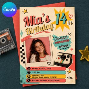 14th Birthday Photo Invitation, Colorful Retro Teen Party Invite, Polaroid Camera Style Editable Canva Template