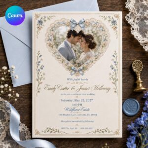 Coquette Wedding Invitation, Blue Bow Lace Heart Photo Invite, Romantic Floral Editable Canva Template